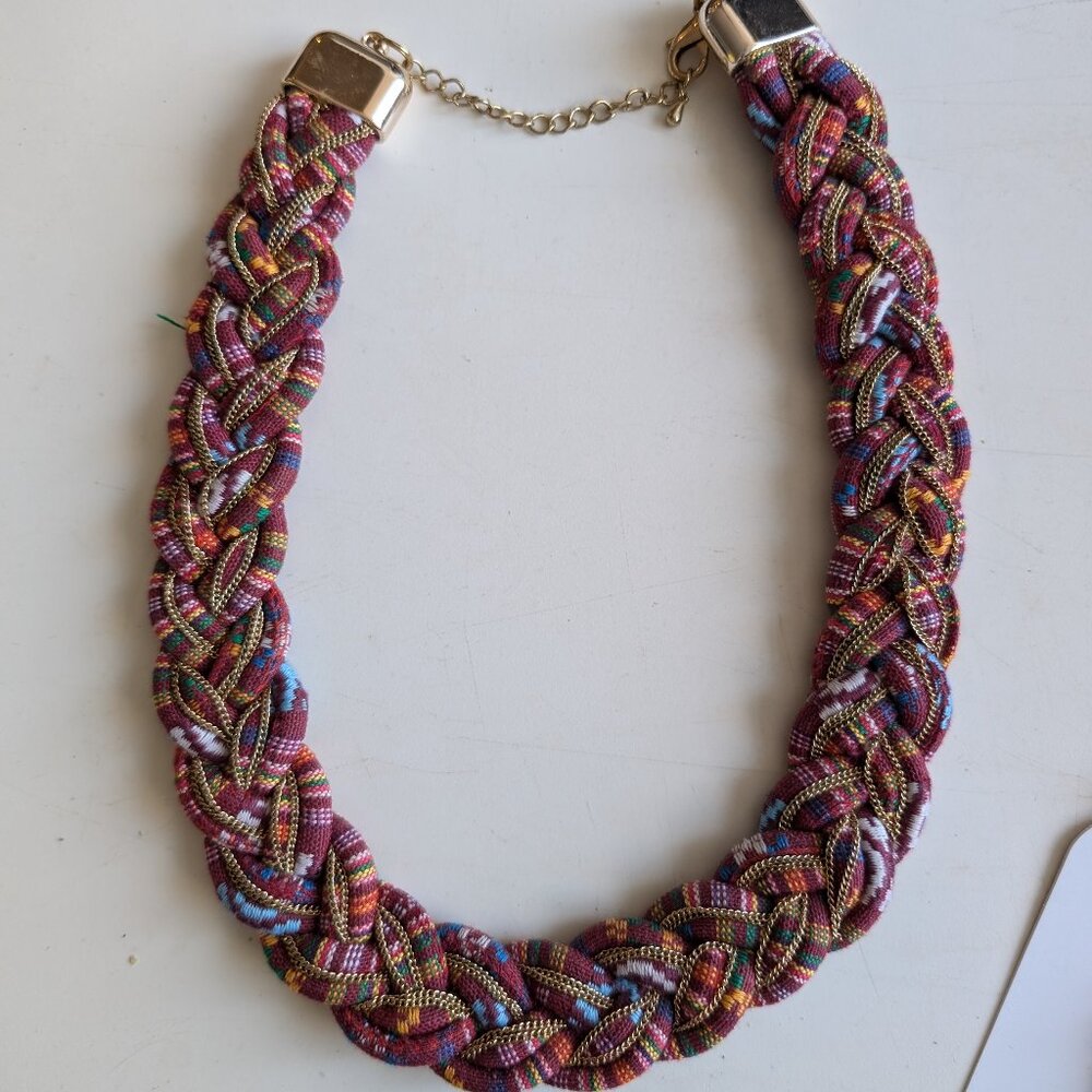 Handmade Multi Coloured printed fabric and Gold mini chain Statement Necklace - Picture 1 of 4
